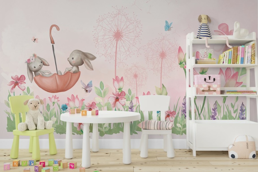 Fototapeta su gėlėmis ir laimingais zuikučiais Pink Meadow for Kids - pagrindinis produkto vaizdas