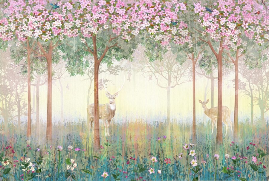 Sienų tapyba, pilna gėlių, realistinis, idealiai tinka miegamajame Deer in Pink Flowers - vaizdas numeris 2