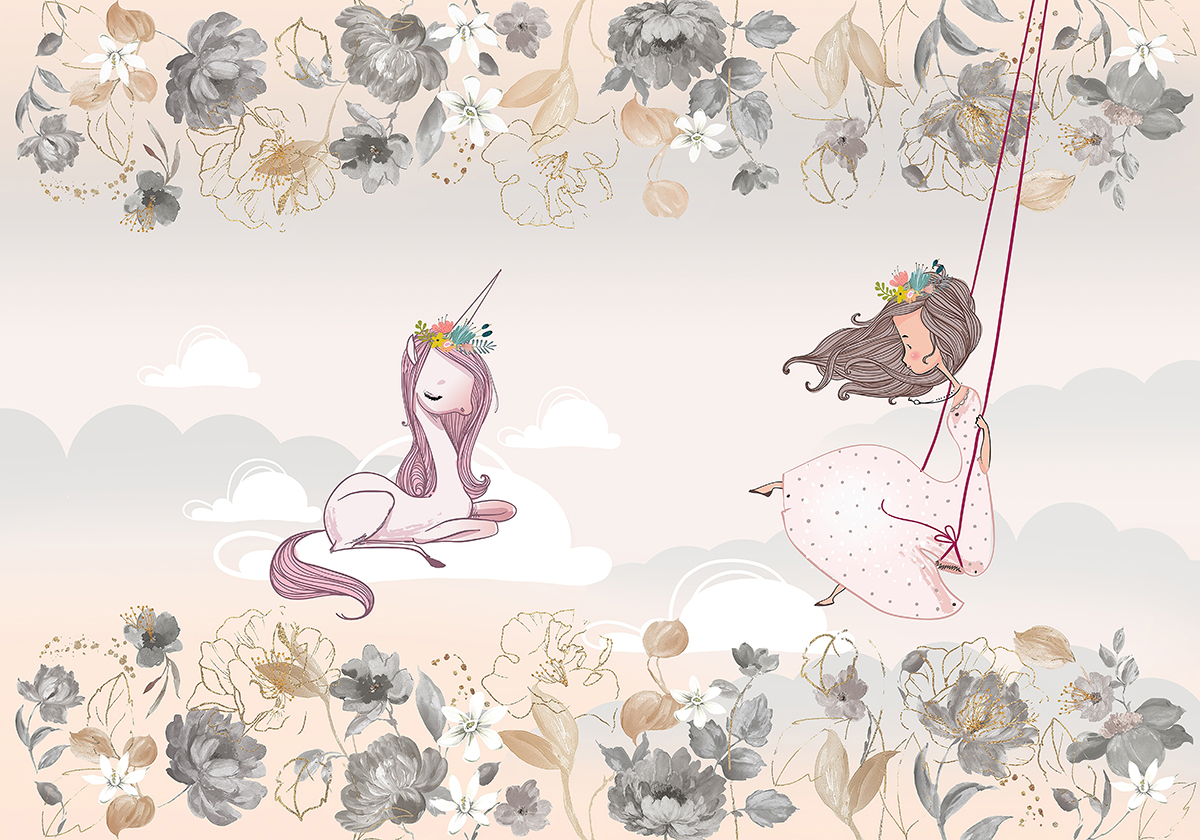 Princess,And,Unicorn,Wallpaper,For,Girl,Room,,Wall,Art,,Soft