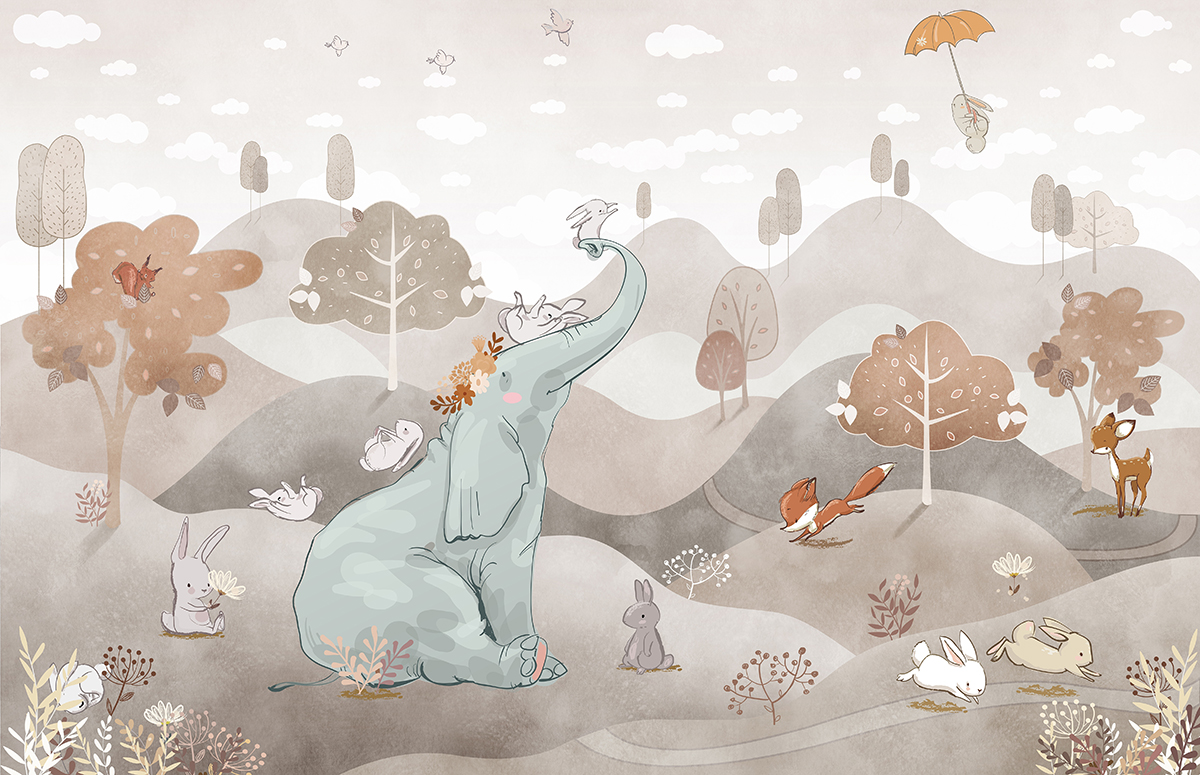 Watercolor,Kids,Wallpaper,Mural,,Elephant,,Fox,,,Deer,,Animals,,Wall