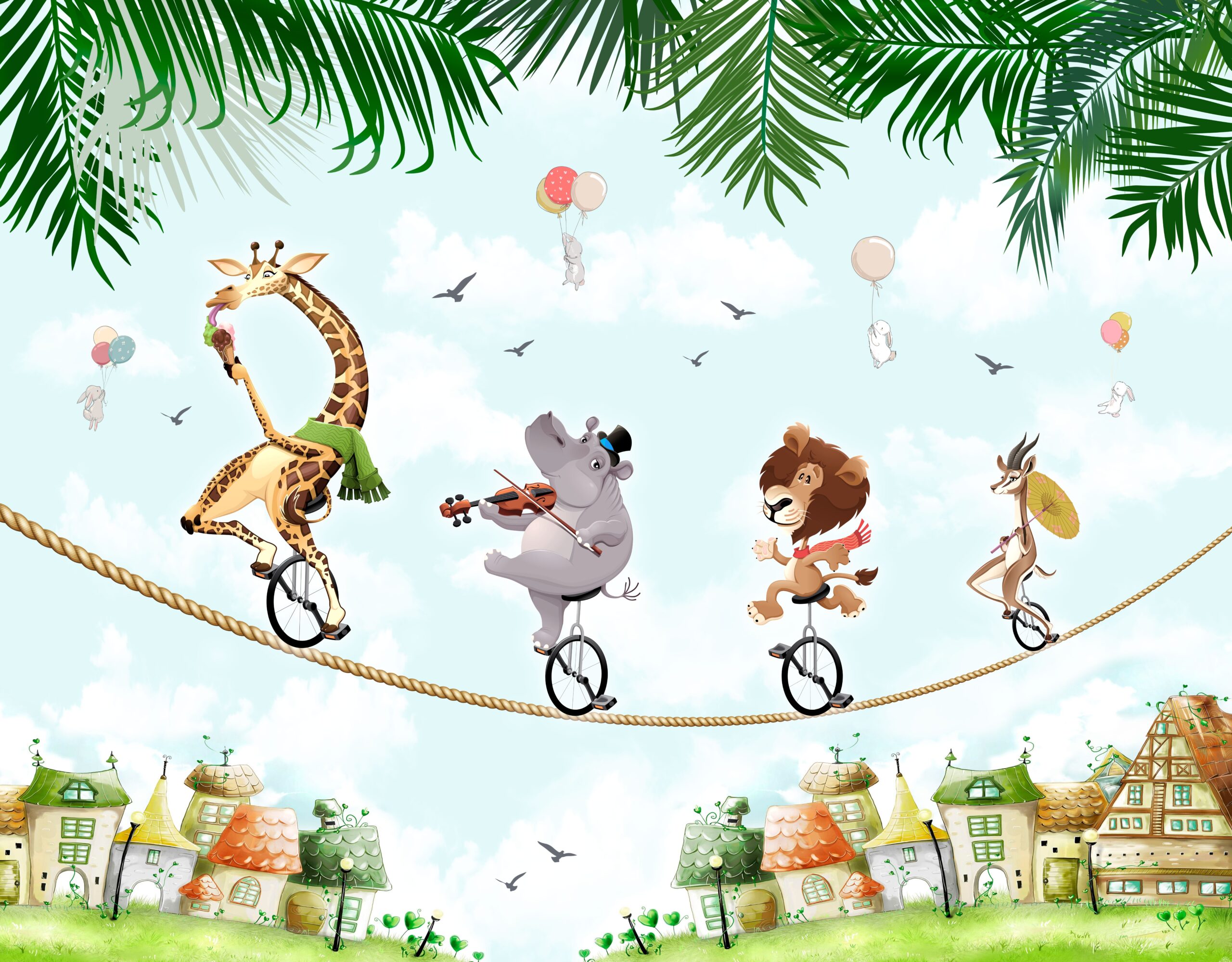 Children's,Picture,For,Wallpaper,,Animals,Against,The,Sky,And,The