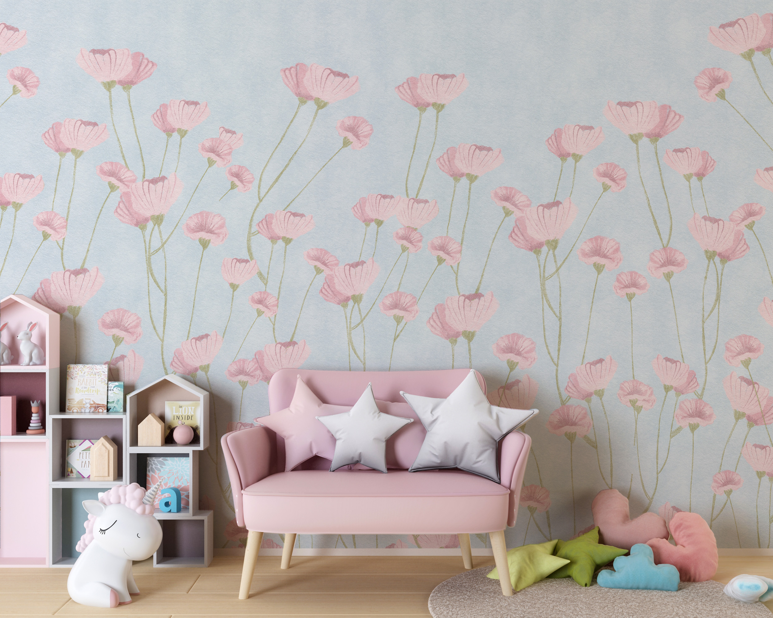 Nuotraukų tapetai Rožinės gėlės mėlyname fone