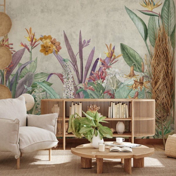 Fototapetai Egzotinės gėlės ir lapai