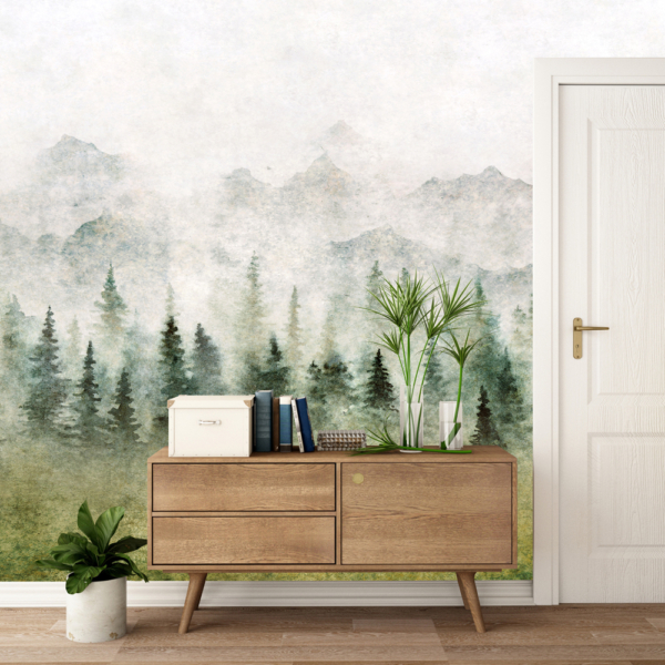 Fototapetai Akvarelinis miško paveikslas rūke