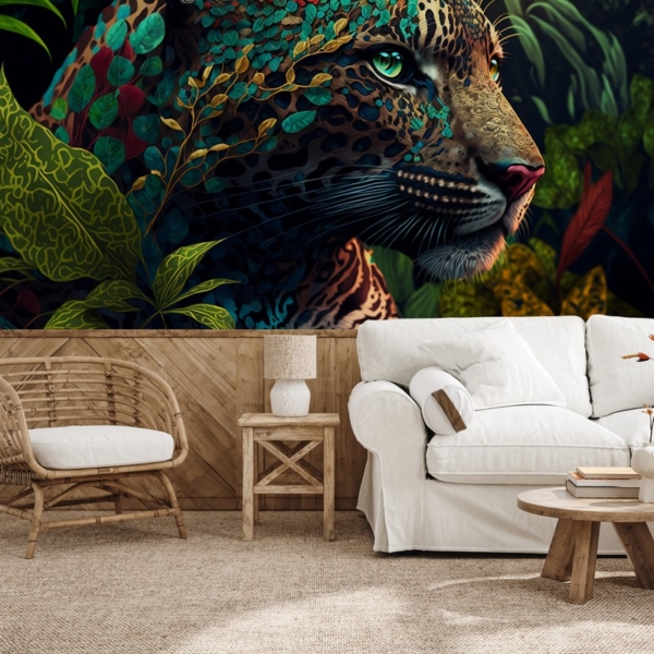 Fototapetai Paslaptingoji pantera spalvotuose lapuose