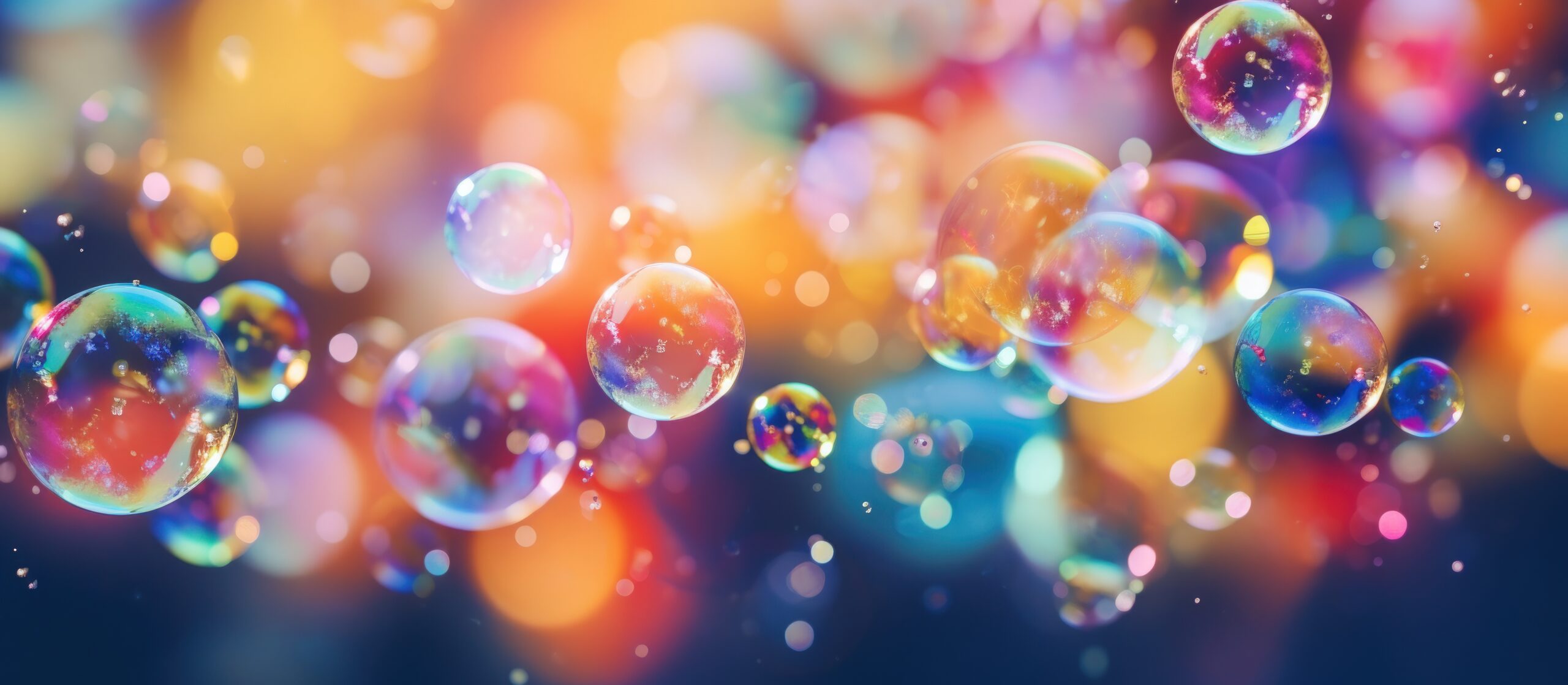 Closeup view water bubbles with blurry multicolored bokeh lights abstract background