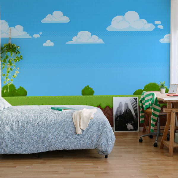 Fototapetai Pikselių pieva su debesimis