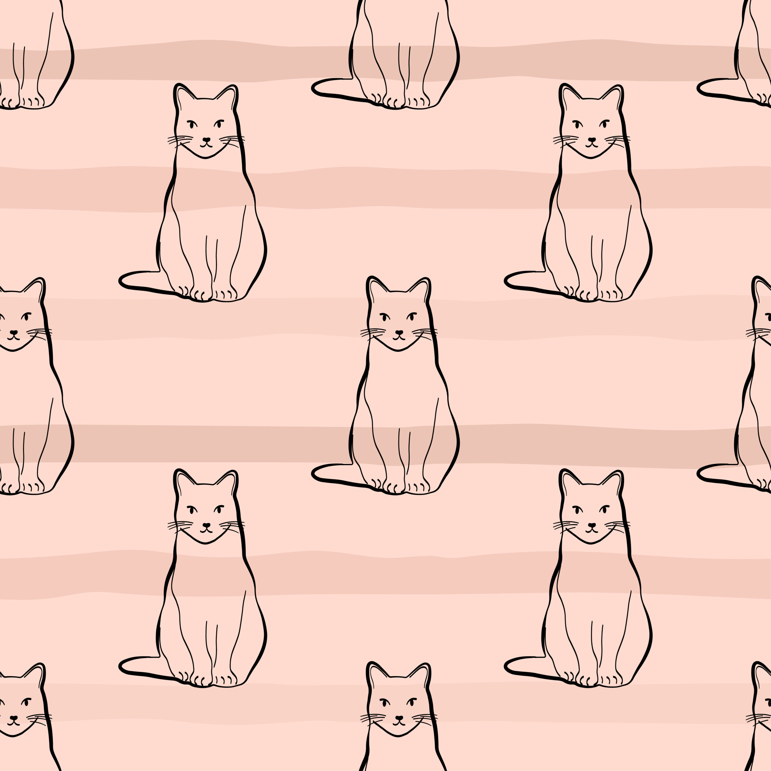 Seamless pattern with Whimsical cat poses in clean lineart on gentle beige background. Ideal for stationery, fabric, packaging and cozy pet-themed designs