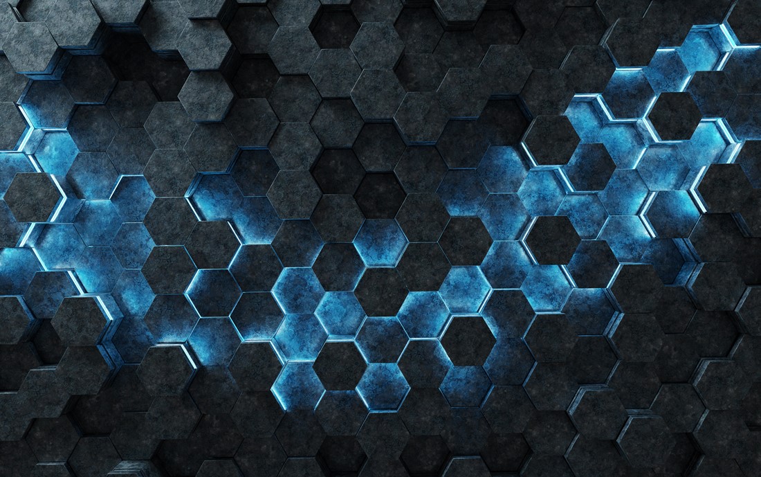Black and blue abstract hexagons background pattern 3D rendering