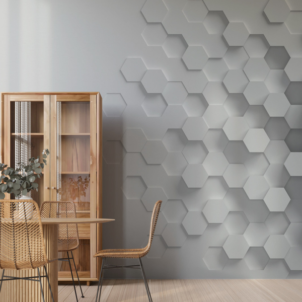 Fototapetai 3D Hexagons – pilki fototapetai su geometriniu raštu
