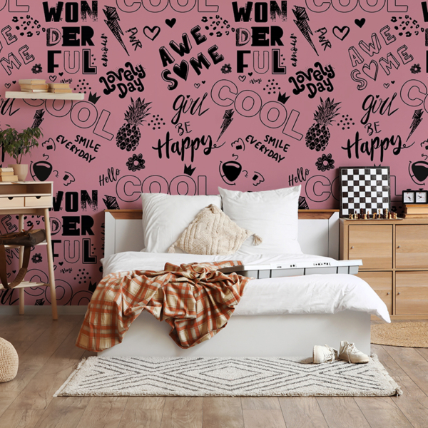 Fototapetai Jaunatviška rožinė su užrašais – „Cool Wonderful Happy“