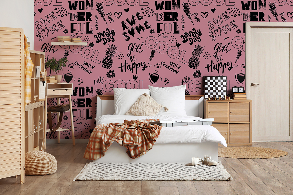 Fototapetai Jaunatviška rožinė su užrašais – „Cool Wonderful Happy“