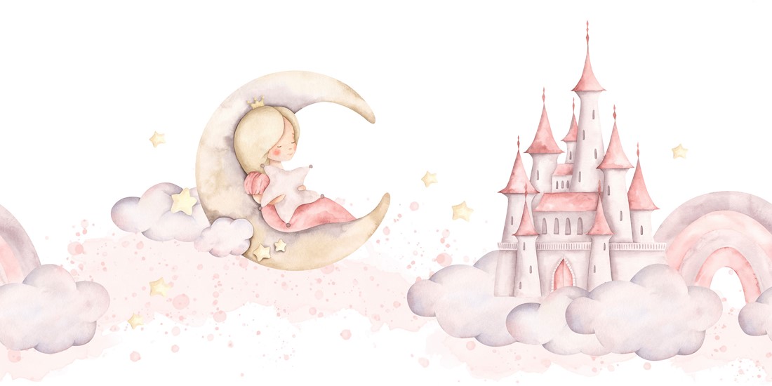 Pink,Dreams.,Watercolor,Hand-drawn,Horizontal,Border,With,Princess,On,The