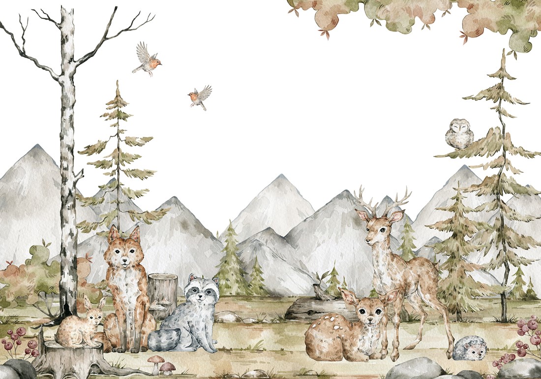 Watercolor,Composition,With,Forest,Animals,And,Autumn,Nature.,Deer,,Fox,